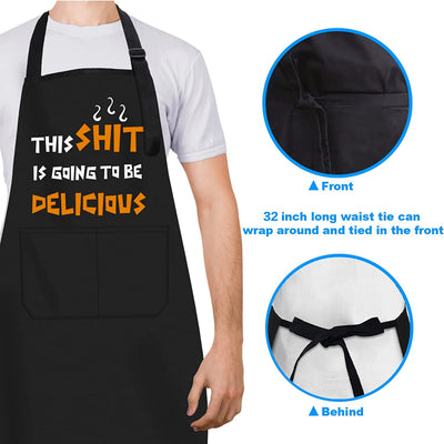 Funny BBQ Apron Cooking Bib Aprons with 2 Pockets Gift for Father Husband Chef
