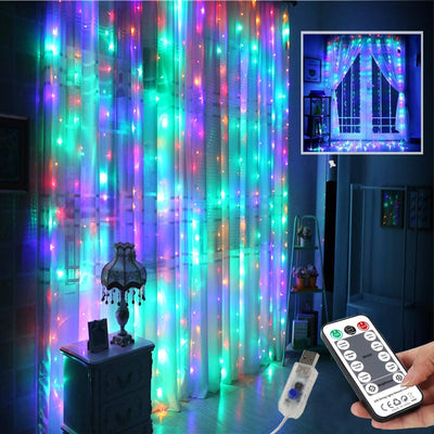 Curtain Lights String, 7.9x5.9Ft 144 LED Waterproof Hanging Fairy Lights, USB-Powered Twinkle Lights with Remote for Bedroom/Wedding/Wall Decor, Blue