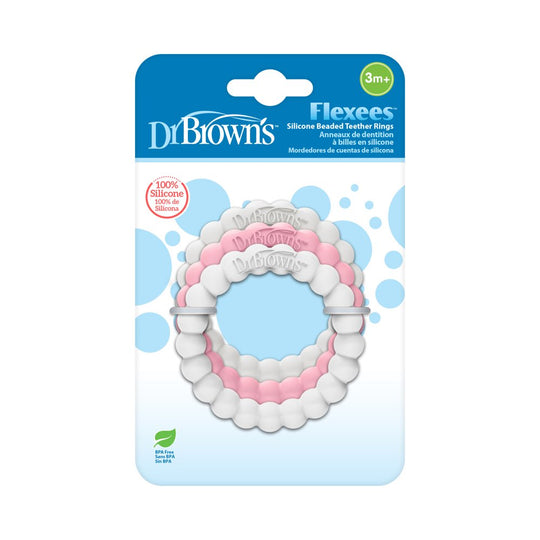 Dr. Brown’S Flexees Beaded Teether Rings, 100% Silicone, Soft & Easy to Hold, Encourages Self-Soothe, 3 Pack, Pink, White, Gray, BPA Free, 3M+