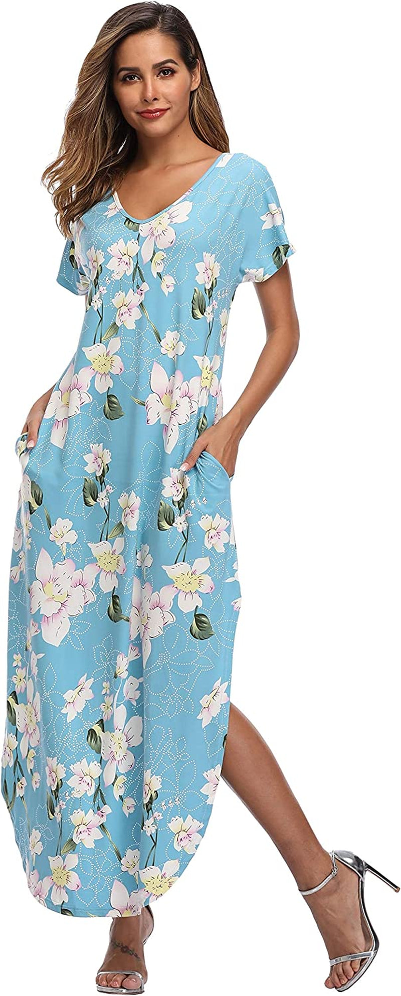 VEW Store Women's Maxi Dress Floral Printed Long Casual Beach Party Dress with Pocket