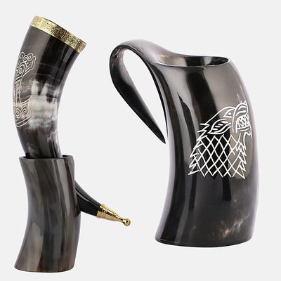 Viking Drinking Horn Mug | Handmade Drinking Horn with Mjolnir Engraved Tankard | Food Safe Medieval Game of Thrones Horn | For Hot & Cold Drink (1 Piece)