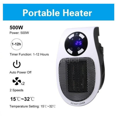 500W Space Heater - LED Display Wall Outlet Electric Plug with Adjustable Thermostat & Timer