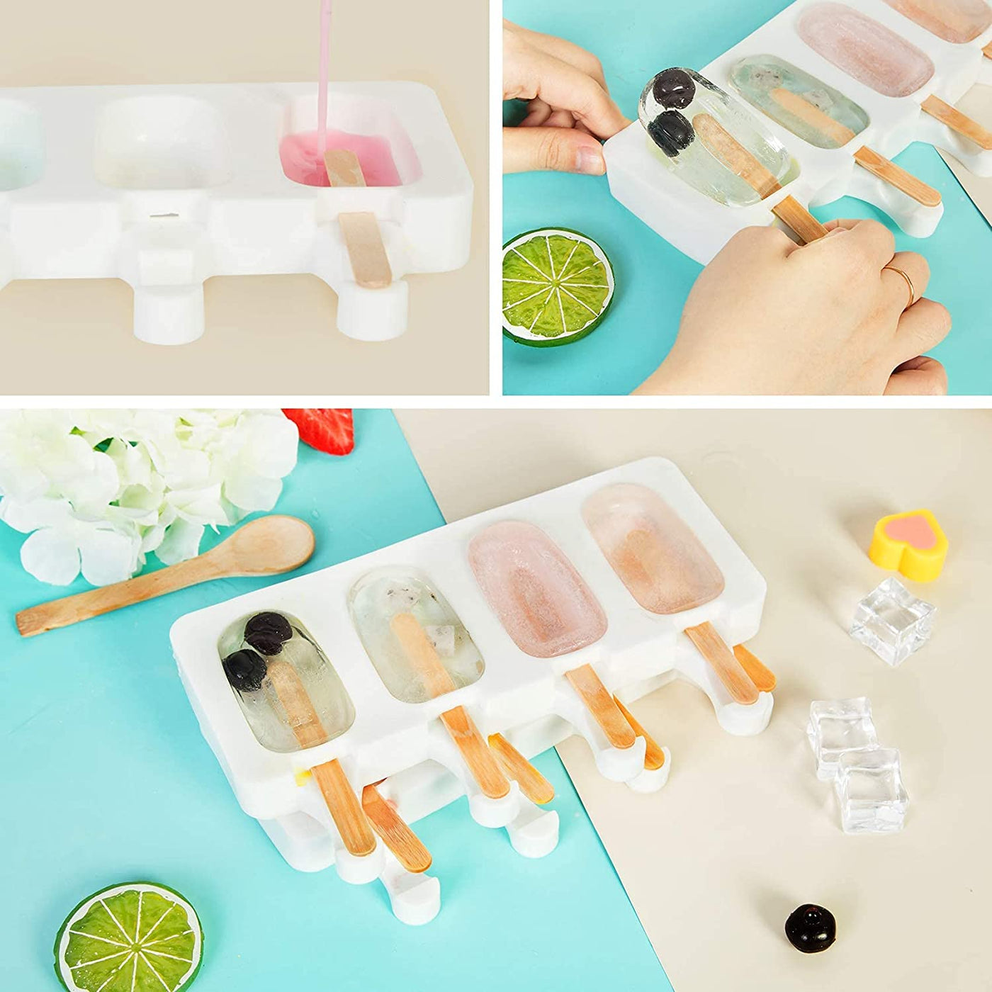 Popsicle Molds Set of 2, Ice Pop Molds Silicone 4 Cavities Ice Cream Mold Oval Cake Pop Mold with 50 Wooden Sticks for DIY Popsicle, Clear