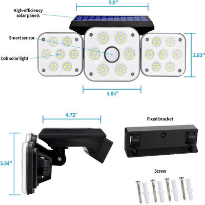 2 Pack Solar Lights for Outdoor, 3 Heads, IP65 Waterproof 3 Modes Outdoor Security Lights 270° Wide Angle