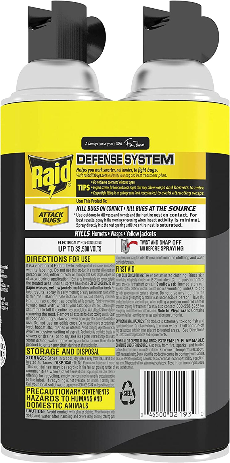 Raid Wasp & Hornet Killer Spray, Kills the entire nest, Kills Paper Wasps, Yellow Jackets, Mud Daubers and more, 14 oz (Pack of 2)