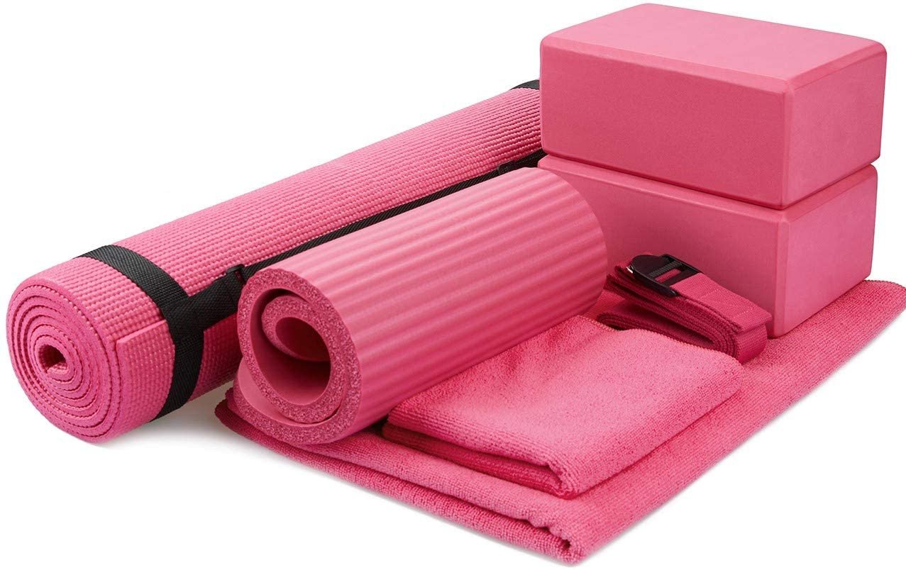 BalanceFrom GoYoga 7-Piece Set - Include Yoga Mat with Carrying Strap, 2 Yoga Blocks, Yoga Mat Towel, Yoga Hand Towel, Yoga Strap and Yoga Knee Pad