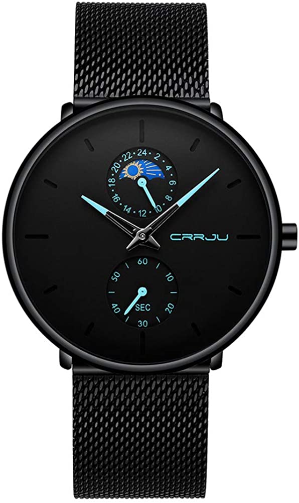 Men's Minimalistic Ultra Thin Quartz Wrist Watch Stainless Steel Mesh Strap Black Casual 24H Display Dress Watch Men Analogue
