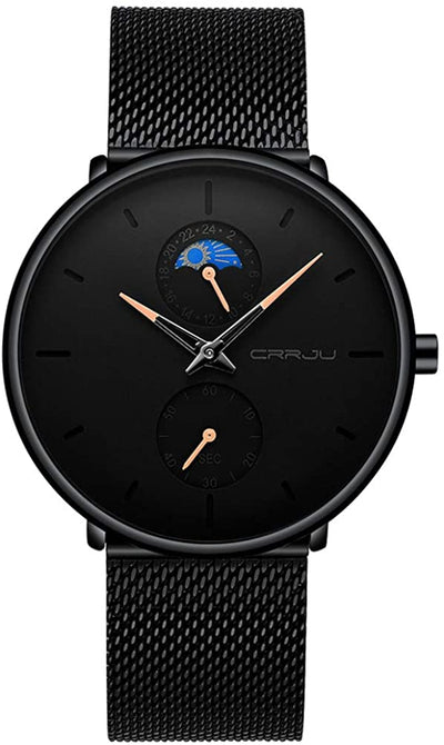 Men's Minimalistic Ultra Thin Quartz Wrist Watch Stainless Steel Mesh Strap Black Casual 24H Display Dress Watch Men Analogue