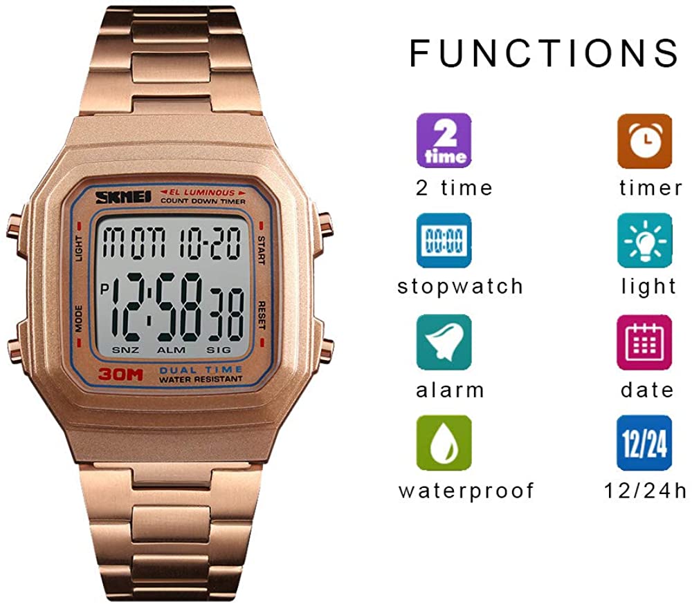 Men's Digital Watch Gold, Waterproof Analog Quartz Square Watch with Countdown Stopwatch Alarm Date…