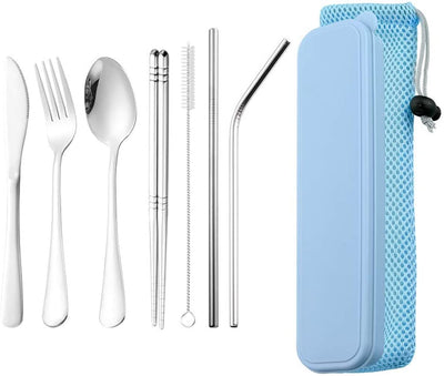 DZRZVD Portable Utensils Travel Camping Cutlery Set Including Knife Fork Spoon Chopsticks Cleaning Brush Straws Portable Case Stainless Steel Flatware Set