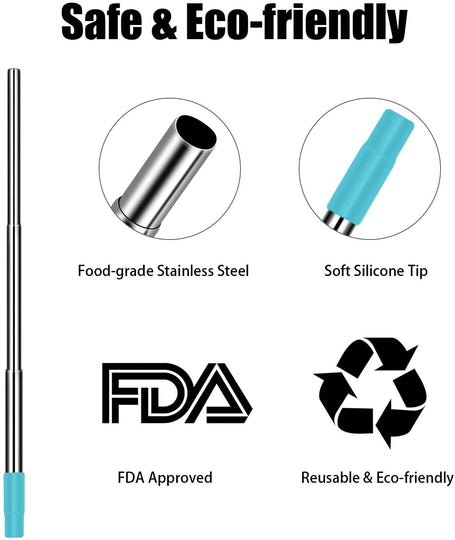 3 Pack Stainless Steel Reusable Collapsible Straws with Plastic Case and Long Cleaning Brush