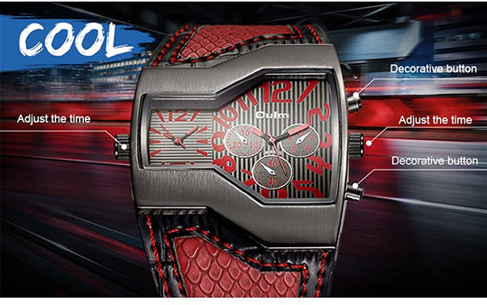 Mens Military Sports Watch Army Dual Time Movt Quartz Wristwatch with Leather Band Decorative Sub-dials