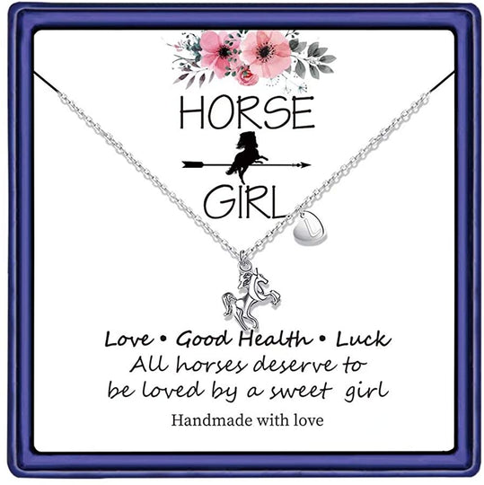  Girls 14K White Gold Plated Heart Initial Horse Necklace 