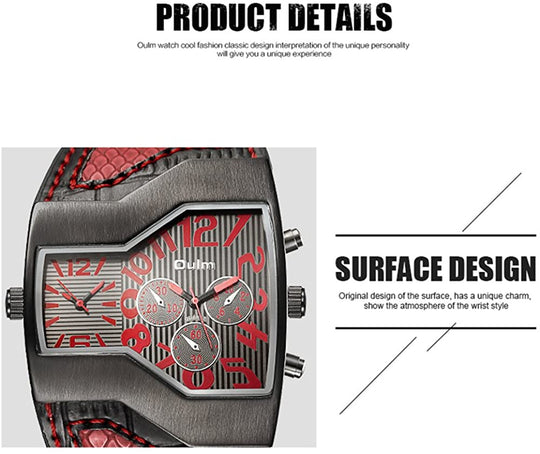 Mens Military Sports Watch Army Dual Time Movt Quartz Wristwatch with Leather Band Decorative Sub-dials