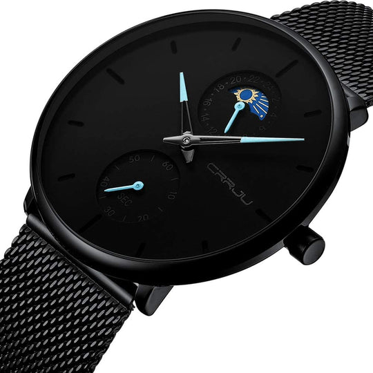 Men's Minimalistic Ultra Thin Quartz Wrist Watch Stainless Steel Mesh Strap Black Casual 24H Display Dress Watch Men Analogue