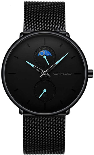 Men's Minimalistic Ultra Thin Quartz Wrist Watch Stainless Steel Mesh Strap Black Casual 24H Display Dress Watch Men Analogue