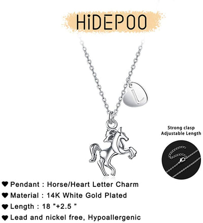  Girls 14K White Gold Plated Heart Initial Horse Necklace 