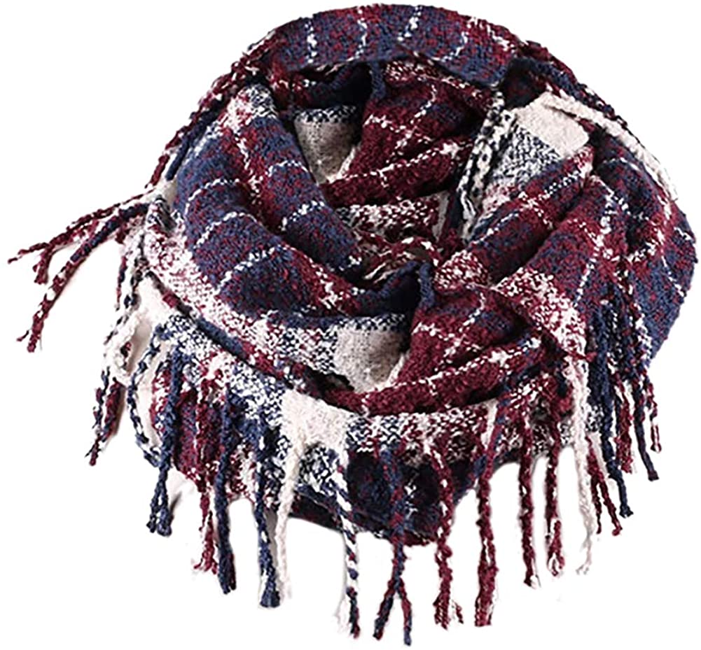 Womens Winter Plaid Infinity Scarf Warm Tassel Circle Loop Scarves & Knit Fall Scarfs for Women