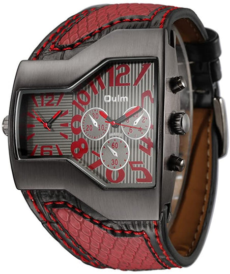 Mens Military Sports Watch Army Dual Time Movt Quartz Wristwatch with Leather Band Decorative Sub-dials