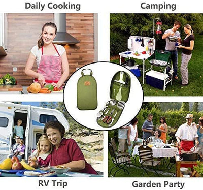 Gold Armour Camp Kitchen Utensil Organizer Travel Set Portable BBQ Camping Cookware Stainless Steel Utensils Travel Kit Outdoor Equipment Cutting Board Tongs Scissors Knife Ladle Spatula