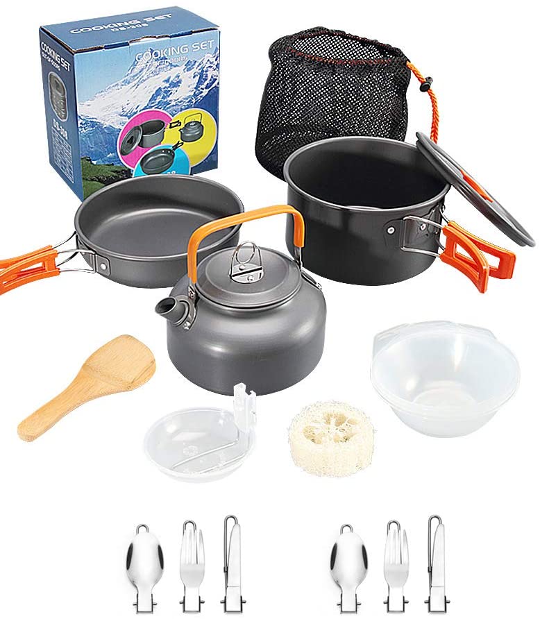 DZRZVD Camping Cookware Mess Kit Gear,Backpacking Accessories Equipment Pots and Pan Set with Mesh Carrying Bag for Hiking, Picnic