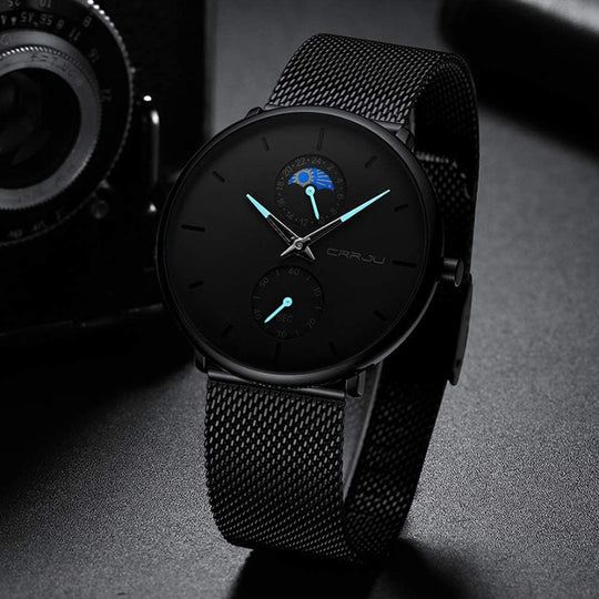 Men's Minimalistic Ultra Thin Quartz Wrist Watch Stainless Steel Mesh Strap Black Casual 24H Display Dress Watch Men Analogue