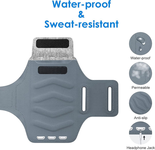  Cell Phone Armband Holder for Phone Upto 6.2 inch, for iphone 14/14 Pro/13/13 Pro, Water Resistant Phone Case with Key Holder and Card Slot, for Running, Walking, Hiking, Adjustable Band (Grey)