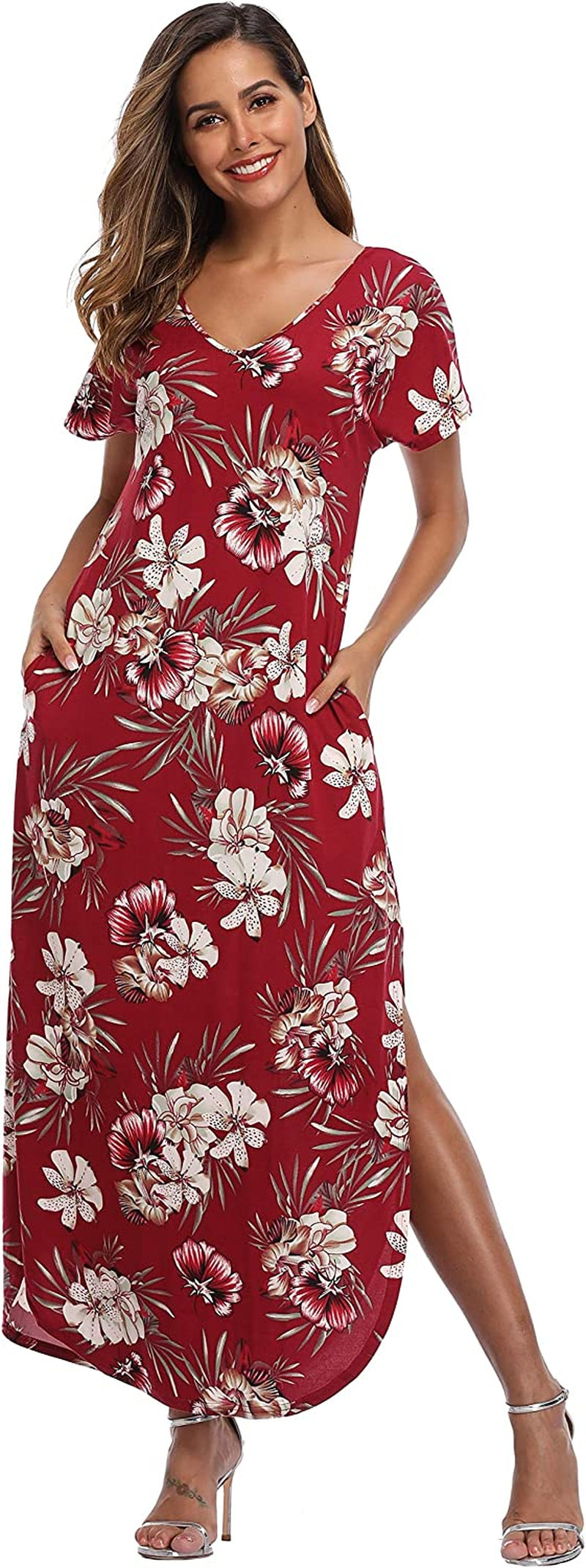 VEW Store Women's Maxi Dress Floral Printed Long Casual Beach Party Dress with Pocket