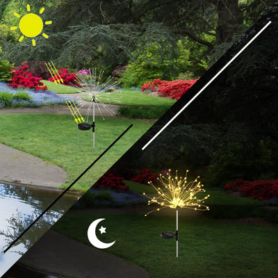  Solar Garden Lights Outdoor Waterproof, LED Firefly Starburst Firework Light for Pathway Patio Lawn Backyard Flowerbed Party Christmas Decorations with 120 LEDs 8 Mode 2 Pack Warm White Oval