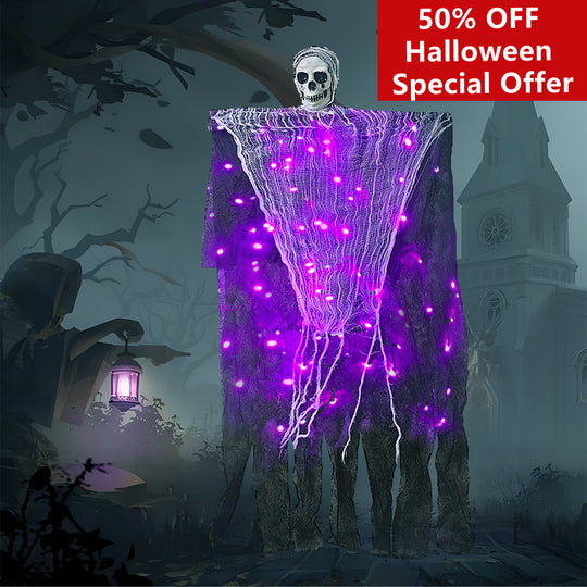 Hanging Halloween Ghosts Decorations, Grim Reaper with Halloween Purple String Lights for Halloween Indoor Outdoor Porch Party Decor