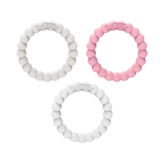 Dr. Brown’S Flexees Beaded Teether Rings, 100% Silicone, Soft & Easy to Hold, Encourages Self-Soothe, 3 Pack, Pink, White, Gray, BPA Free, 3M+