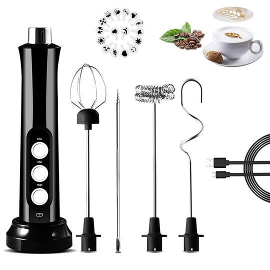 Milk Frother Handheld, USB Rechargeable 3 Speeds Mini Electric Milk Foam Maker Blender Mixer for Coffee, Latte, Cappuccino, Hot Chocolate, Egg Whisks & Stainless Steel Stand Included