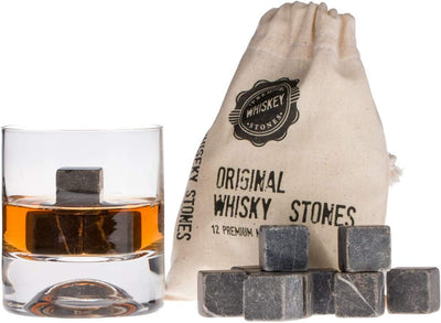 Premium Whiskey Stones Gift Set with 12 Pcs Stones and Bag. Whiskey, Bourbon, Cognac, Scotch,Gin, Wine Beverage. Marble Reusable Ice Cubes. Birthday Gift for Whiskey Lovers.… (Dark Grey)