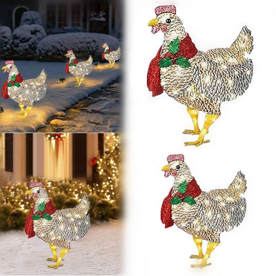 Light-Up Chicken with Scarf Holiday Decoration, Small/Large Metal Chicken Christmas Ornaments Battery Powered & 50 Mini Lights, Spring Rooster Animal Garden Stakes for  Ground Lawn Outdoor