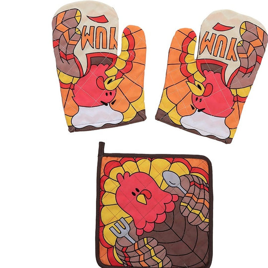 4 Pc Set of Thanksgiving Kitchen Linens- Apron, Oven Mitts and Pot Holder