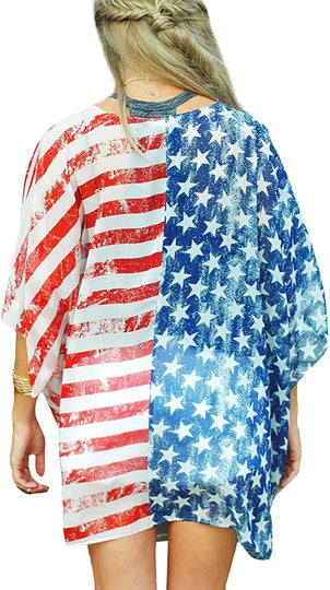 Women's American Flag Kimono  Cover Up Lightweight 