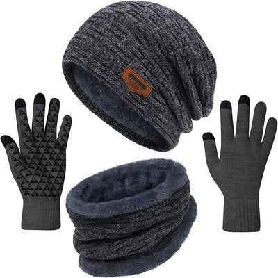 3 Pieces Winter Fleece Lined Beanie Hat, Scarf and Touchscreen Gloves Set