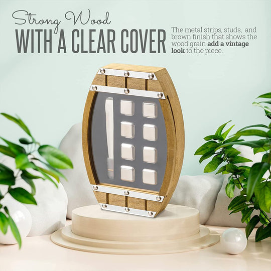 Whiskey Stone Set, Stainless Steel Cubes, Wooden Barrel Box, Reusable Stones, Scotch, Wine