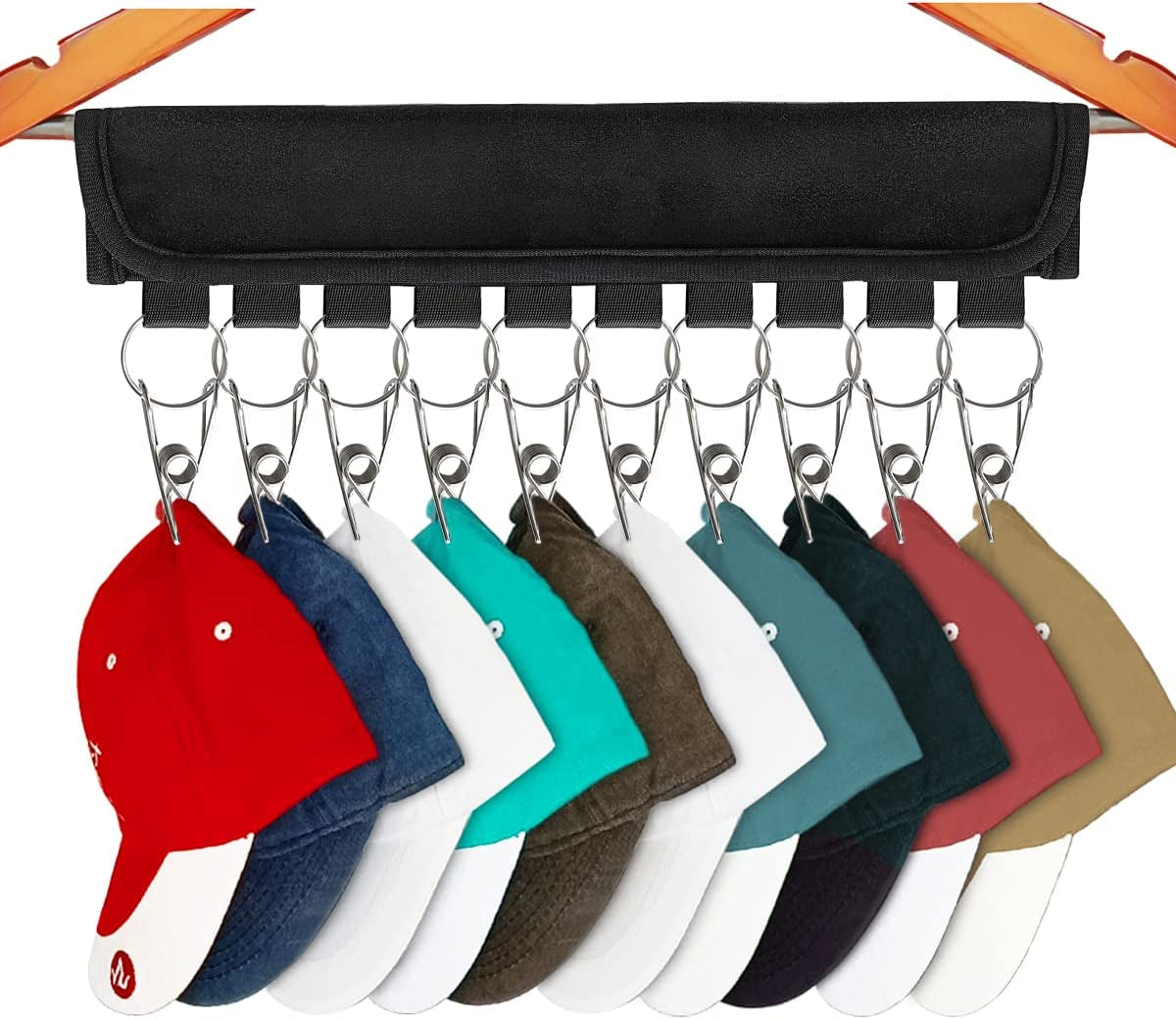 TOPMEET Hat Organizer for Baseball Caps Storage,10 Stainless Steel Clips Holder for Hanger, Cap Rack/Hat Shelf Fit Room Closet,Door,Wall - 1 Pack