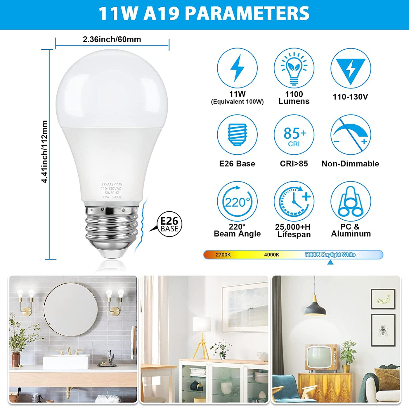 Pack of 4 - A19 LED Light Bulbs, 100 Watt Equivalent LED Bulb E26 Base, CRI 85+, 25000+ Hours Lifespan