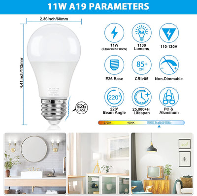 Pack of 4 - A19 LED Light Bulbs, 100 Watt Equivalent LED Bulb E26 Base, CRI 85+, 25000+ Hours Lifespan