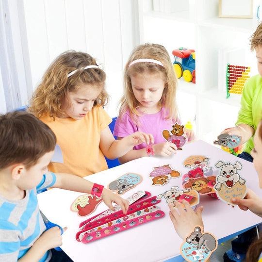 Mibor Valentines Day Cards for Kids - 30 Slap Bracelets + 30 Valentines Cards for Kids Class, 6 Cute Animals Patterns Cards, Kids Valentines Day Cards for School Classroom Valentines Day Decorations