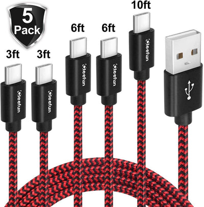 5 Pack USB Type C Cable Fast Charging, 3/3/6/6/10 ft USB-A to USB-C Charger Cord Compatible with Samsung Galaxy, Nylon Braided
