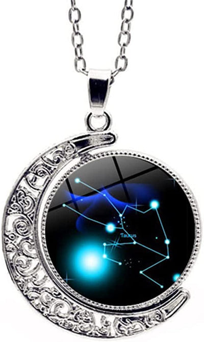 Zodiac Necklace Jewelry Birthday Gifts Astrology 12 Constellation Horoscope Sign Galaxy Crescent Half Moon Pendant Necklace