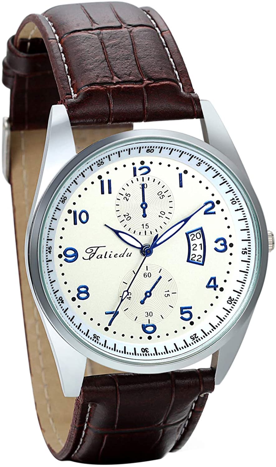 Avaner Mens Business Casual White Big Face Analog Quartz Wrist Watch with Second Hand Leather Strap