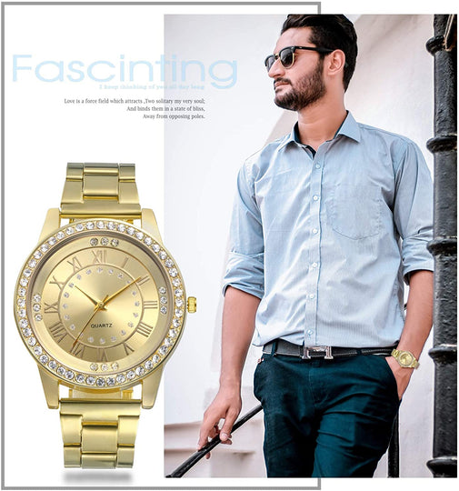 Lancardo Men's Luxury Jewelry Gold Tone Bling Crystal Accents Stainless Steel Wrist Watch for Halloween Costume Party