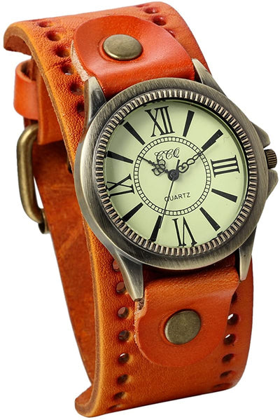 JewelryWe Vintage Wrist Watch Wide Leather Strap Band Cuff Quartz Watches for Men Women, for Valentine’s Day