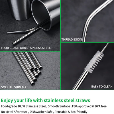 Urekt 12-Pack Stainless Steel Resuable Straws with Case - 10.5"&8.5" Reusable Metal Drinking Straws for 30oz and 20oz Tumblers Yeti Dishwasher Safe, 2 Cleaning Brushes Included