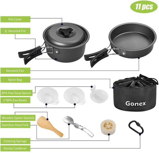 Gonex 11pcs/13pcs/16pcs/21pcs Camping Cookware Set Mess Kit, Backpacking Gear Cooking Equipment, Stackable Portable Non Stick Pot Pan Cook for Outdoors Hiking
