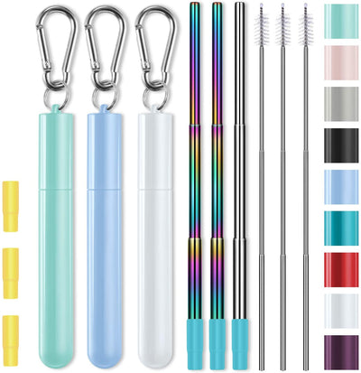 3 Pack Stainless Steel Reusable Collapsible Straws with Plastic Case and Long Cleaning Brush